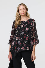 Floral Semi Sheer Hanky Hem Blouse