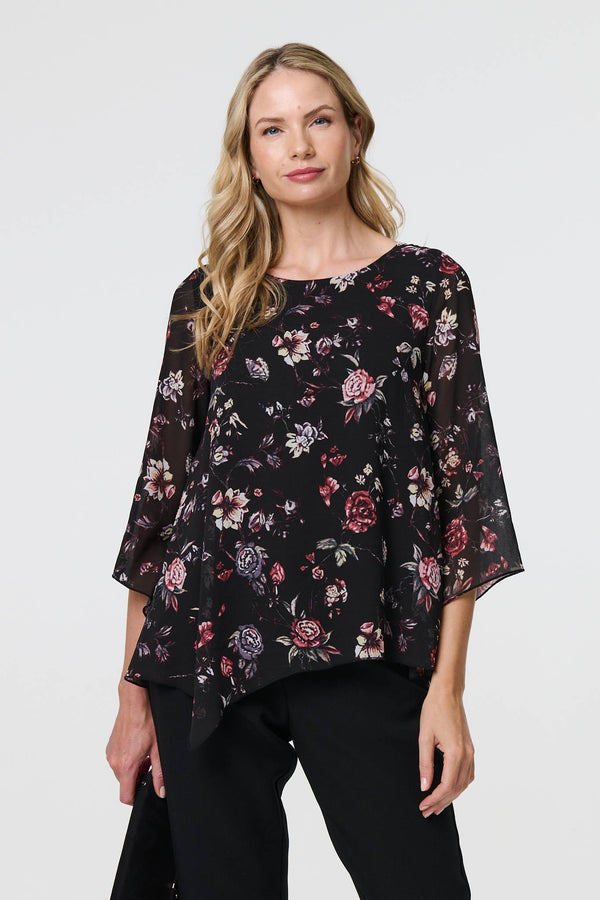 Floral Semi Sheer Hanky Hem Blouse