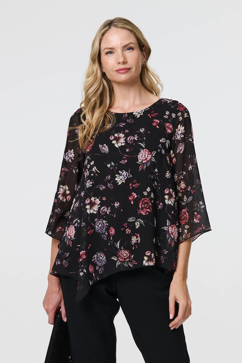 Floral Semi Sheer Hanky Hem Blouse
