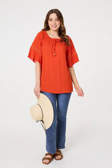Lace Trim Bardot Tie Neck 1/2 Sleeve Blouse
