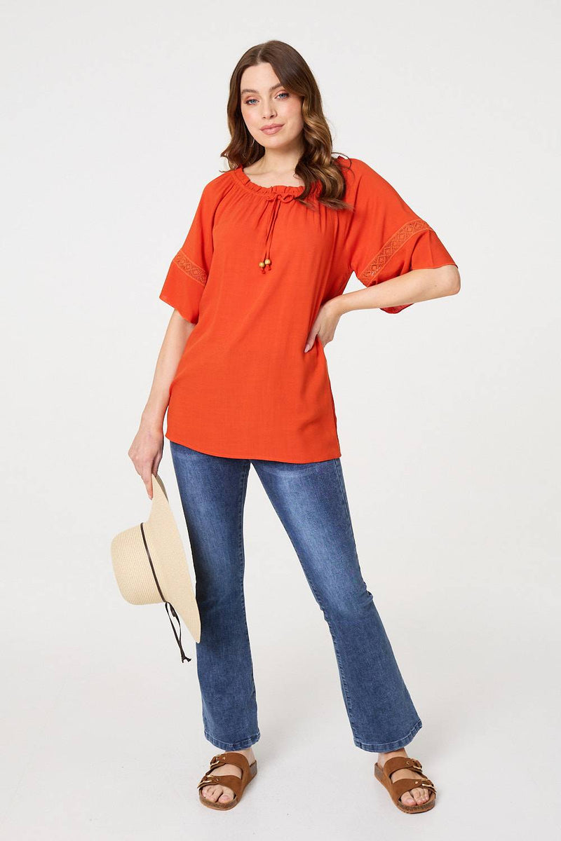 Lace Trim Bardot Tie Neck 1/2 Sleeve Blouse