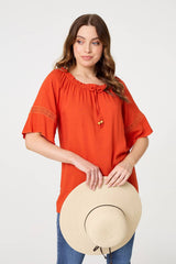 Lace Trim Bardot Tie Neck 1/2 Sleeve Blouse