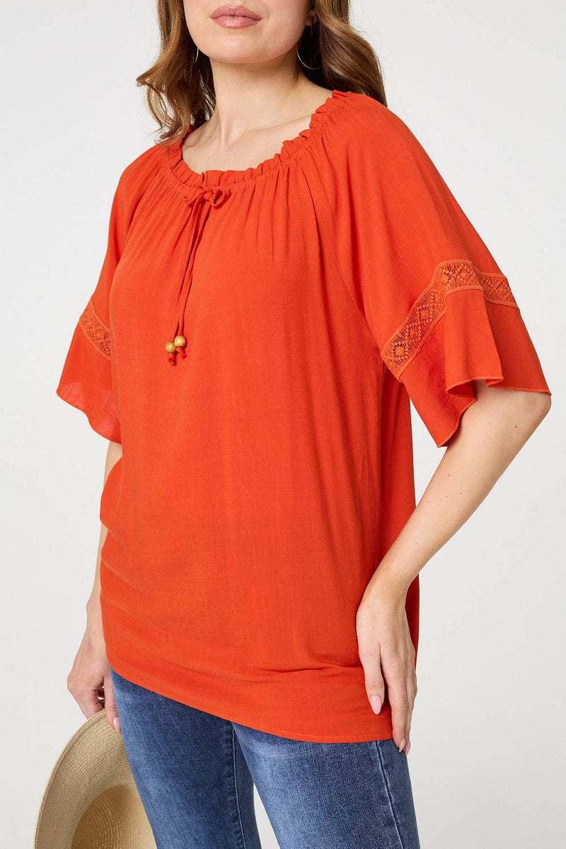 Lace Trim Bardot Tie Neck 1/2 Sleeve Blouse