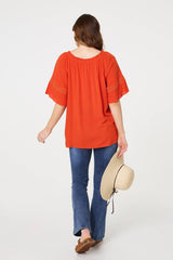 Lace Trim Bardot Tie Neck 1/2 Sleeve Blouse