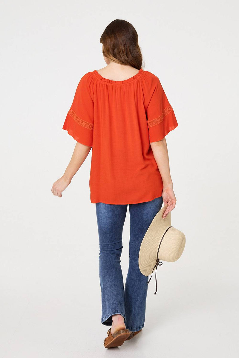 Lace Trim Bardot Tie Neck 1/2 Sleeve Blouse