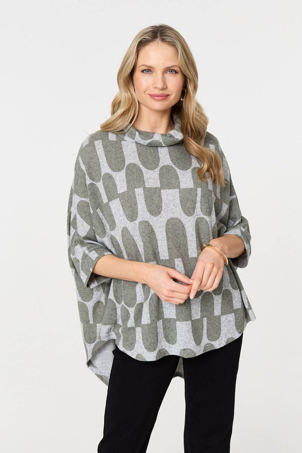 Geo Print Roll Neck Oversized Top