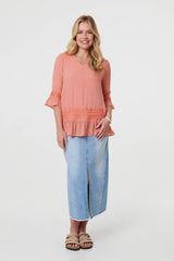 Lace Trim 3/4 Flared Sleeve Blouse
