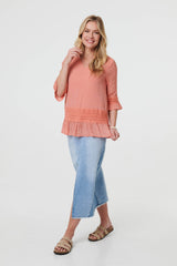 Lace Trim 3/4 Flared Sleeve Blouse