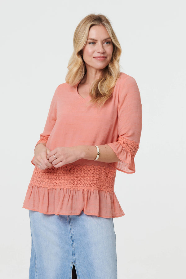 Lace Trim 3/4 Flared Sleeve Blouse