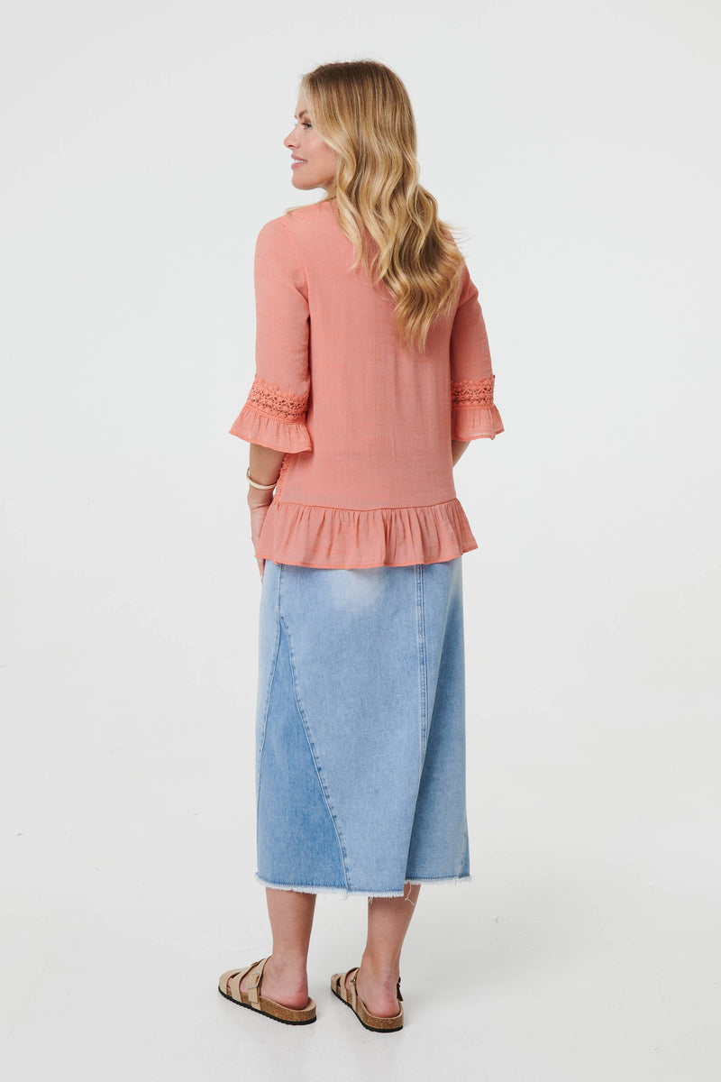 Lace Trim 3/4 Flared Sleeve Blouse