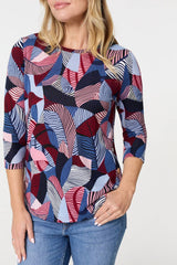 Abstract Print 3/4 Sleeve Curve Hem Top