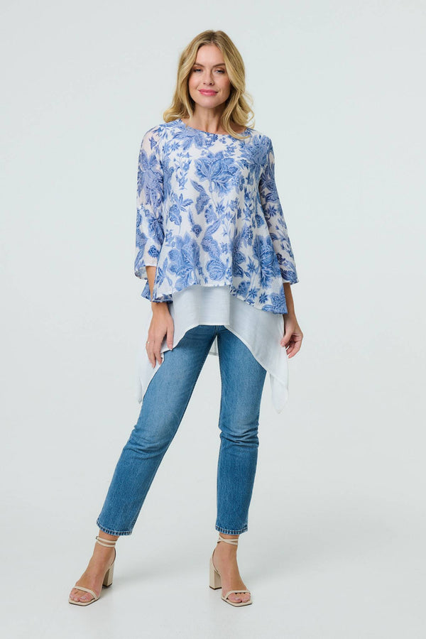 Floral 3/4 Sleeve Layered High Low Tunic