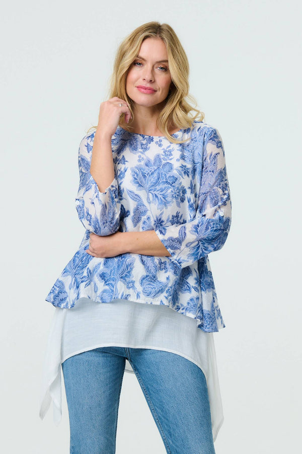 Floral 3/4 Sleeve Layered High Low Tunic