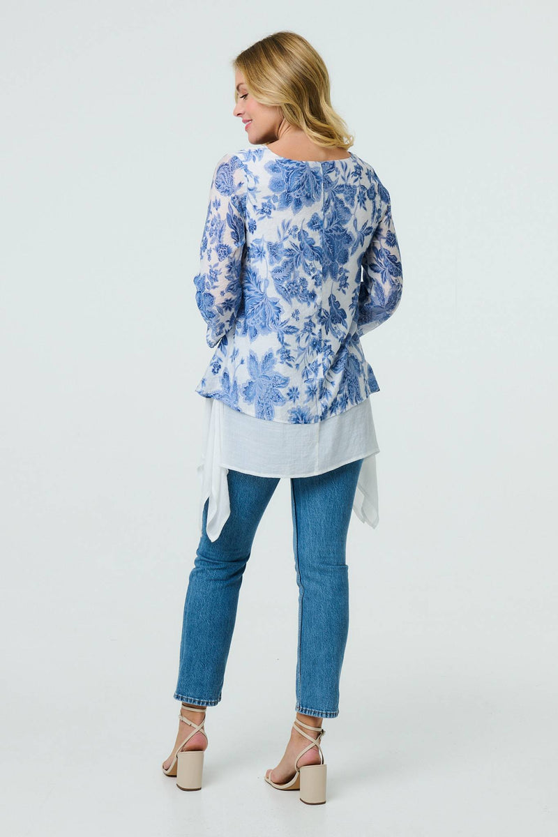 Floral 3/4 Sleeve Layered High Low Tunic