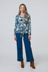 Printed Tie Front Long Sleeve Blouse