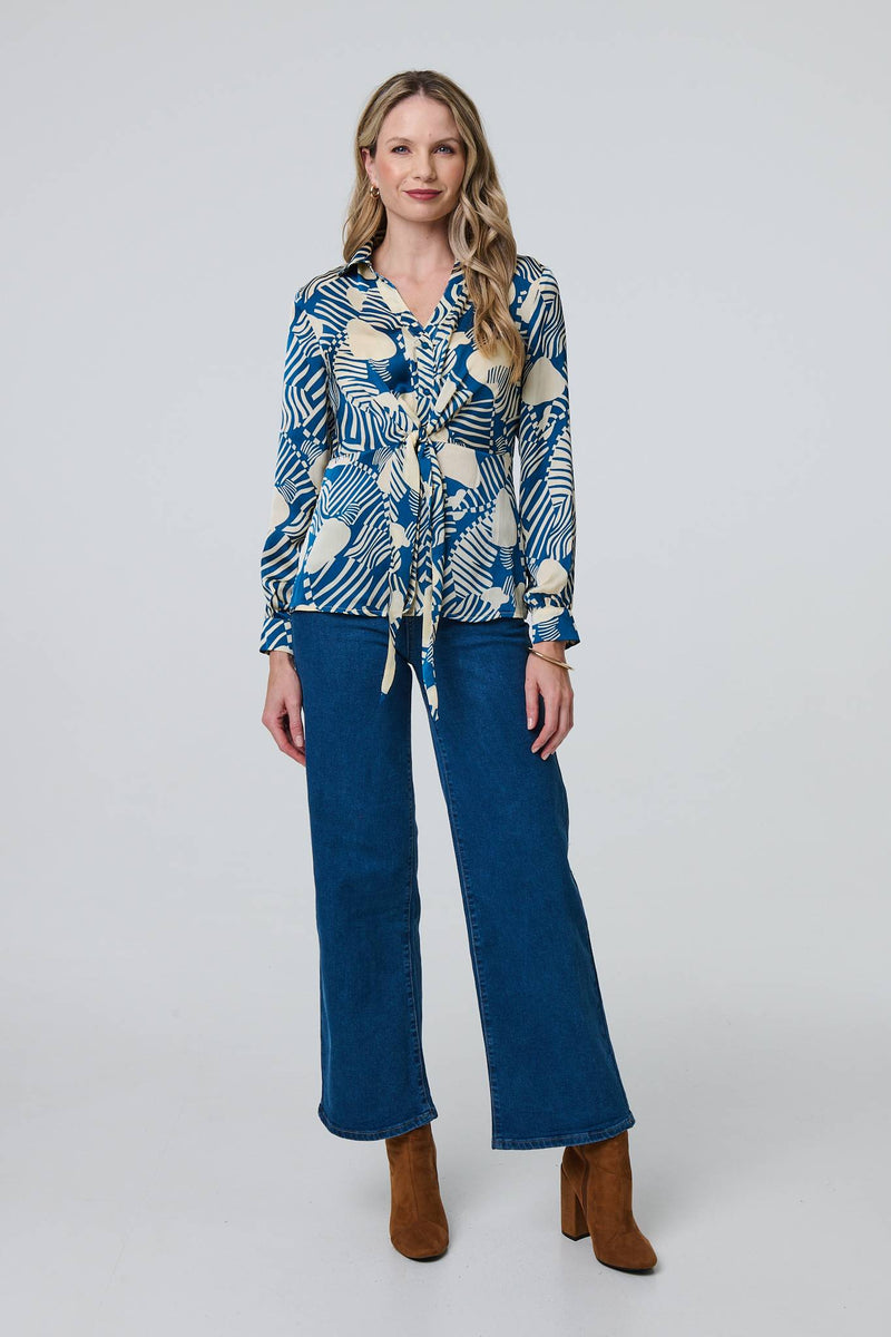 Printed Tie Front Long Sleeve Blouse