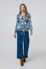 Printed Tie Front Long Sleeve Blouse