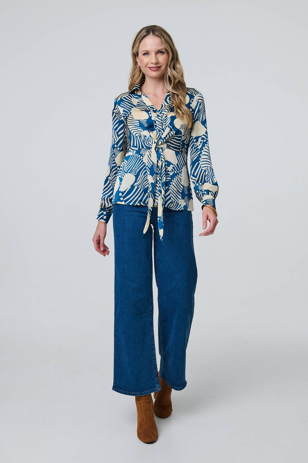 Printed Tie Front Long Sleeve Blouse