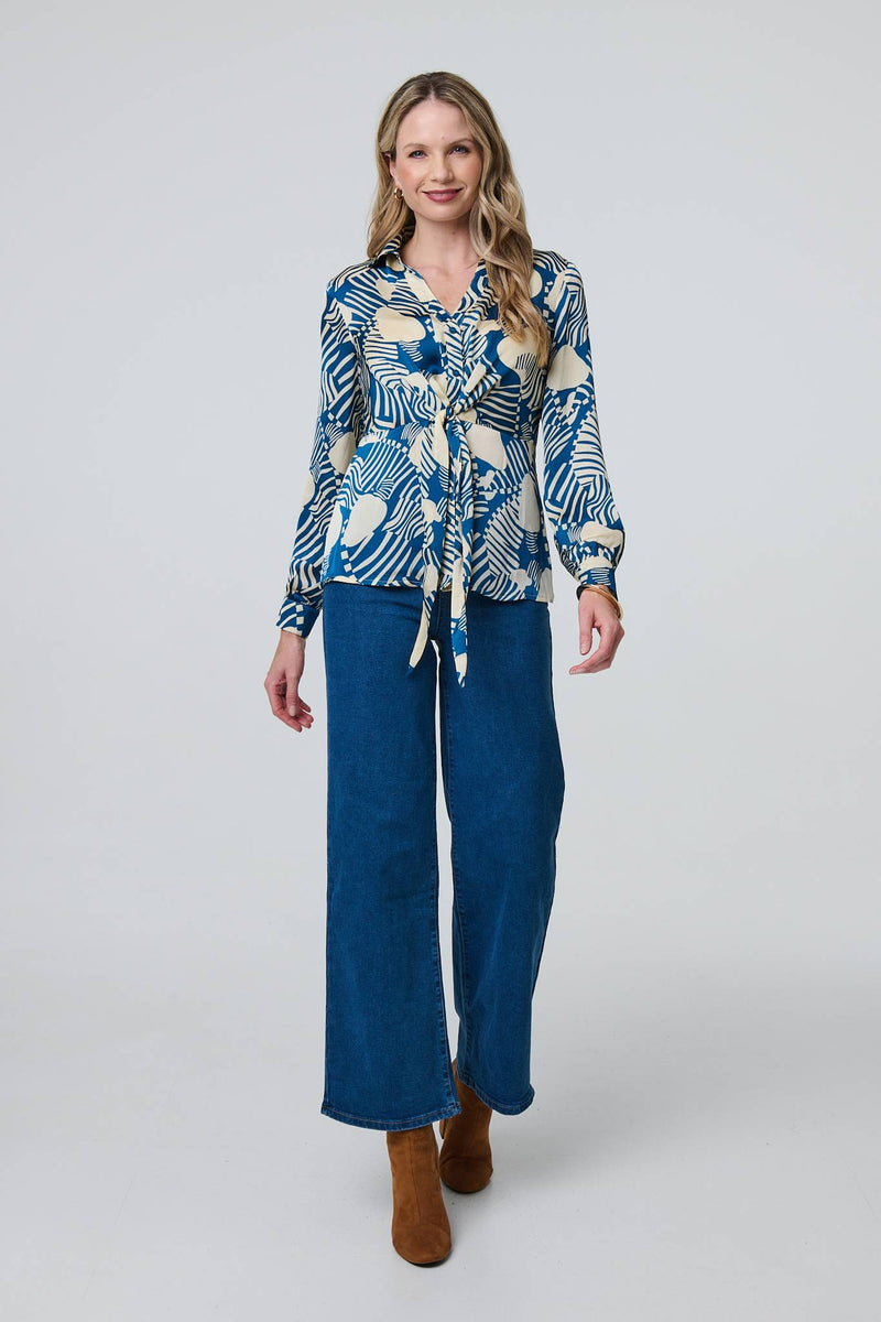 Printed Tie Front Long Sleeve Blouse