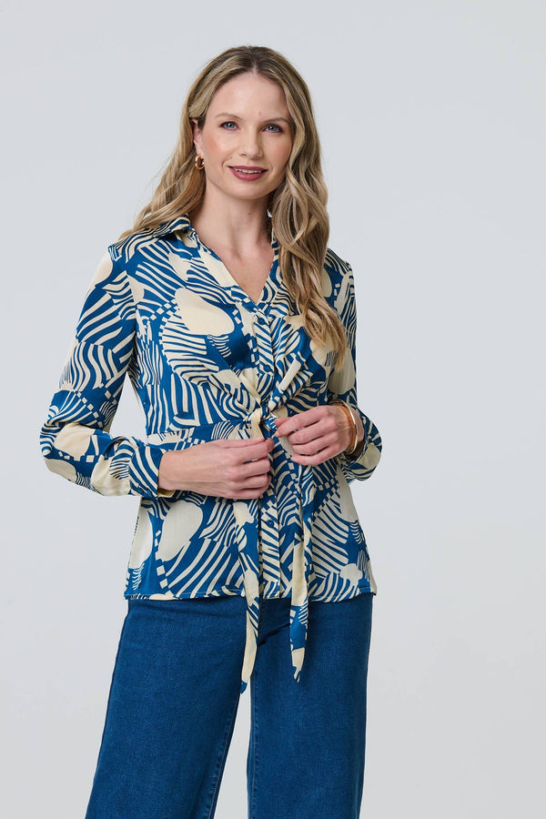 Printed Tie Front Long Sleeve Blouse