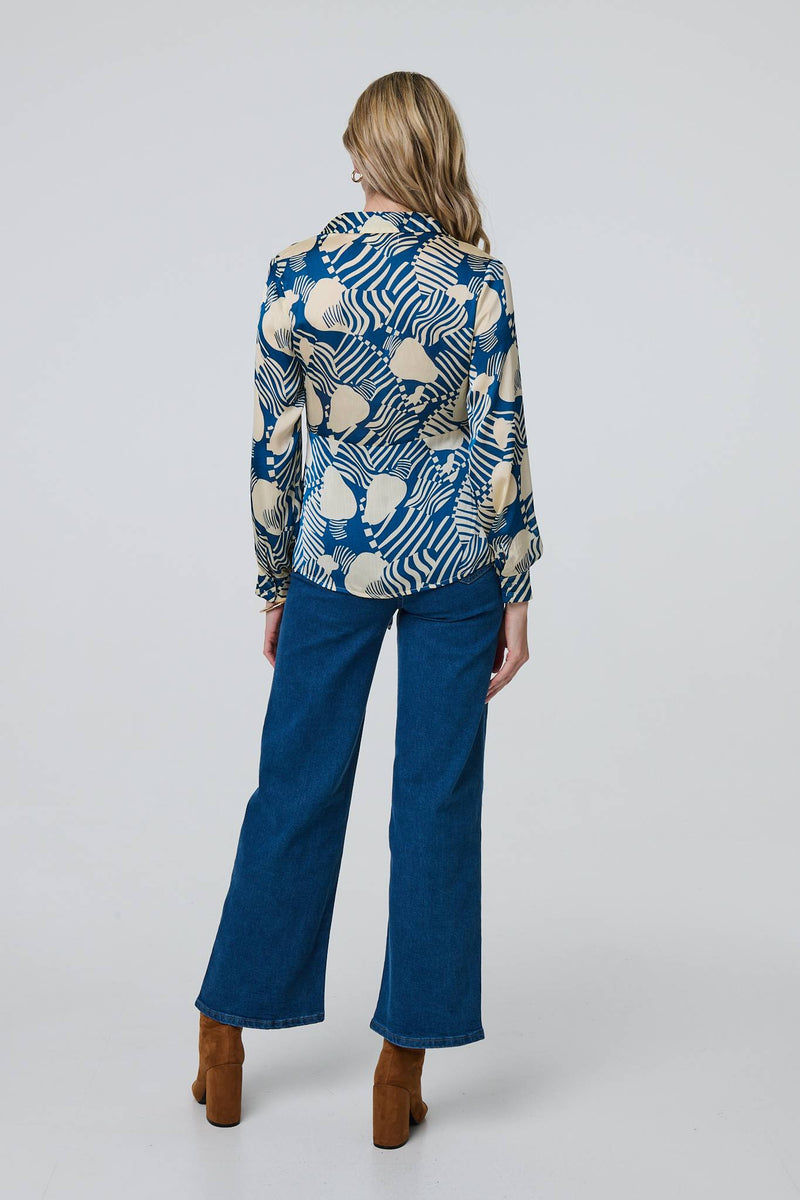 Printed Tie Front Long Sleeve Blouse