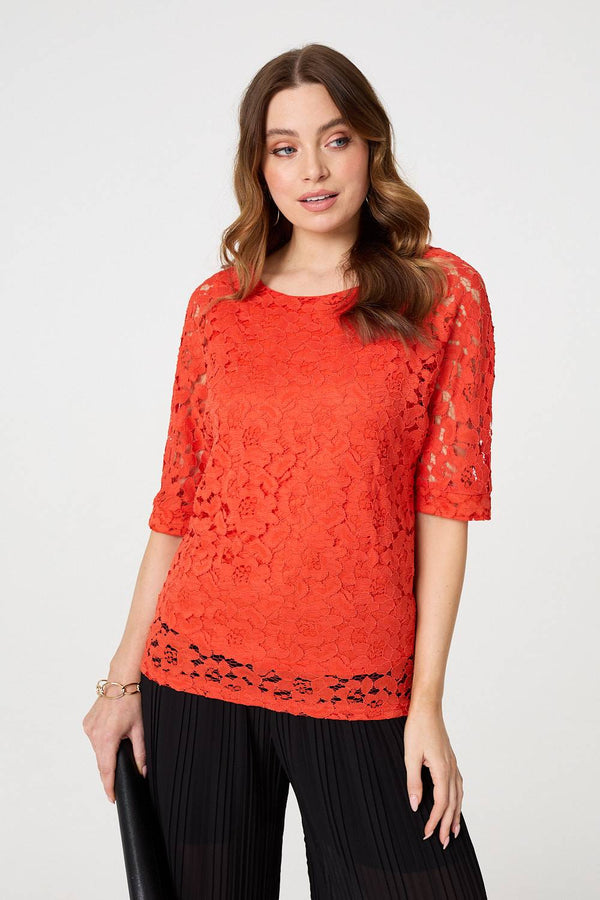 Floral Lace 3/4 Sleeve Relaxed Blouse