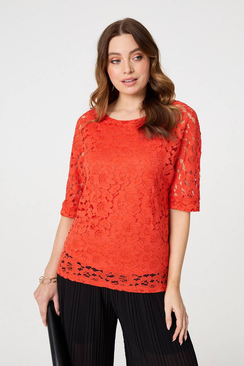 Floral Lace 3/4 Sleeve Relaxed Blouse