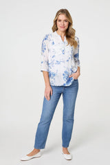 Floral 3/4 Sleeve Lace Trim Blouse