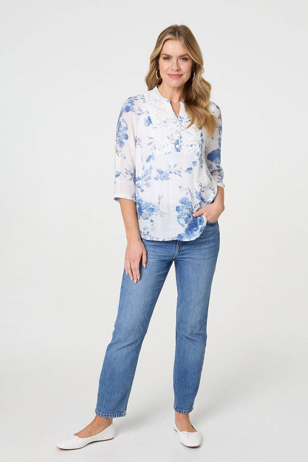 Floral 3/4 Sleeve Lace Trim Blouse