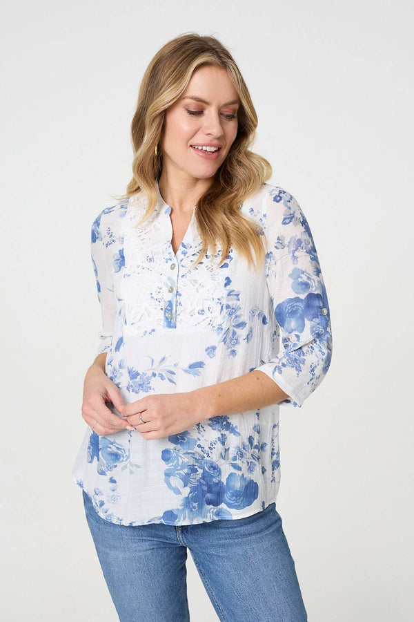 Floral 3/4 Sleeve Lace Trim Blouse