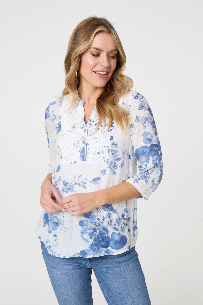 Floral 3/4 Sleeve Lace Trim Blouse