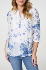 Floral 3/4 Sleeve Lace Trim Blouse