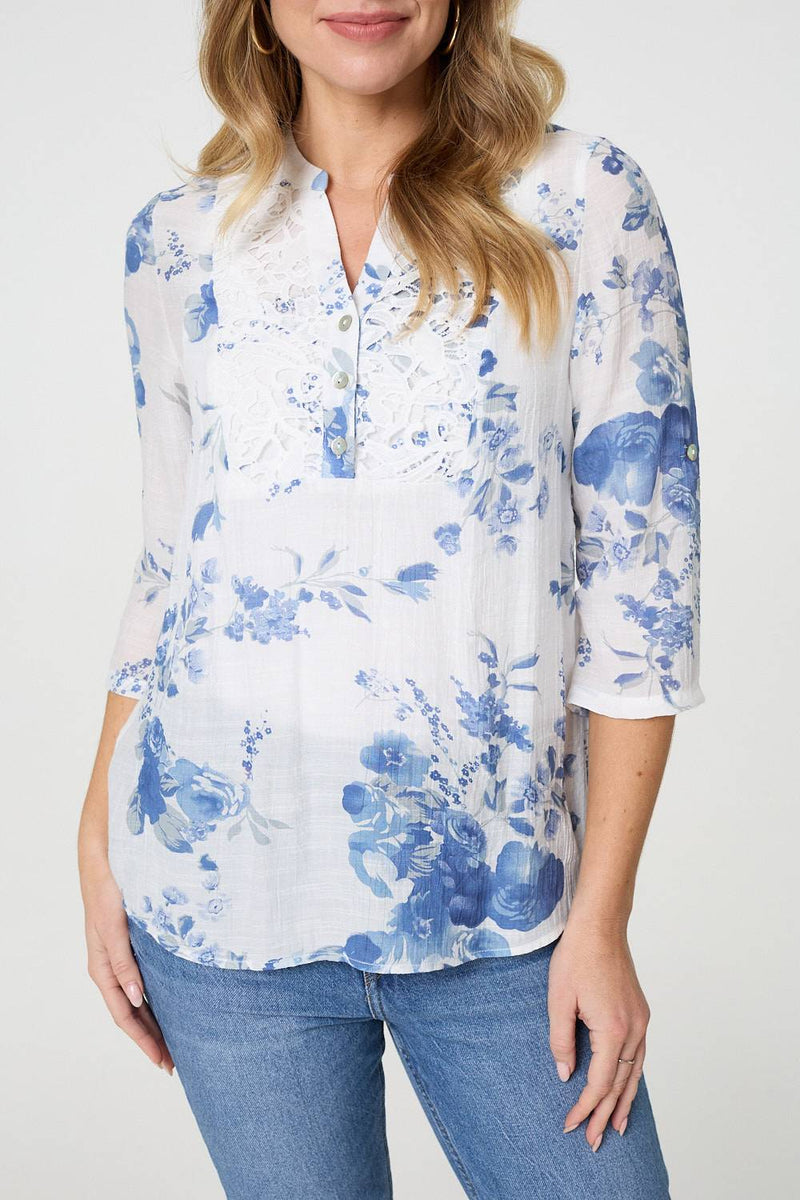 Floral 3/4 Sleeve Lace Trim Blouse