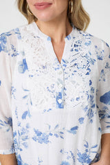 Floral 3/4 Sleeve Lace Trim Blouse