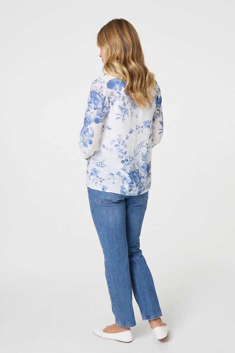 Floral 3/4 Sleeve Lace Trim Blouse