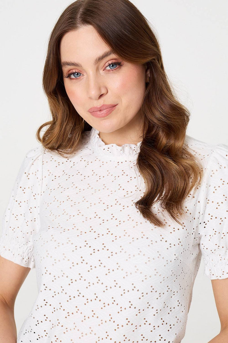Lace Texture Frilled Short Sleeve Blouse