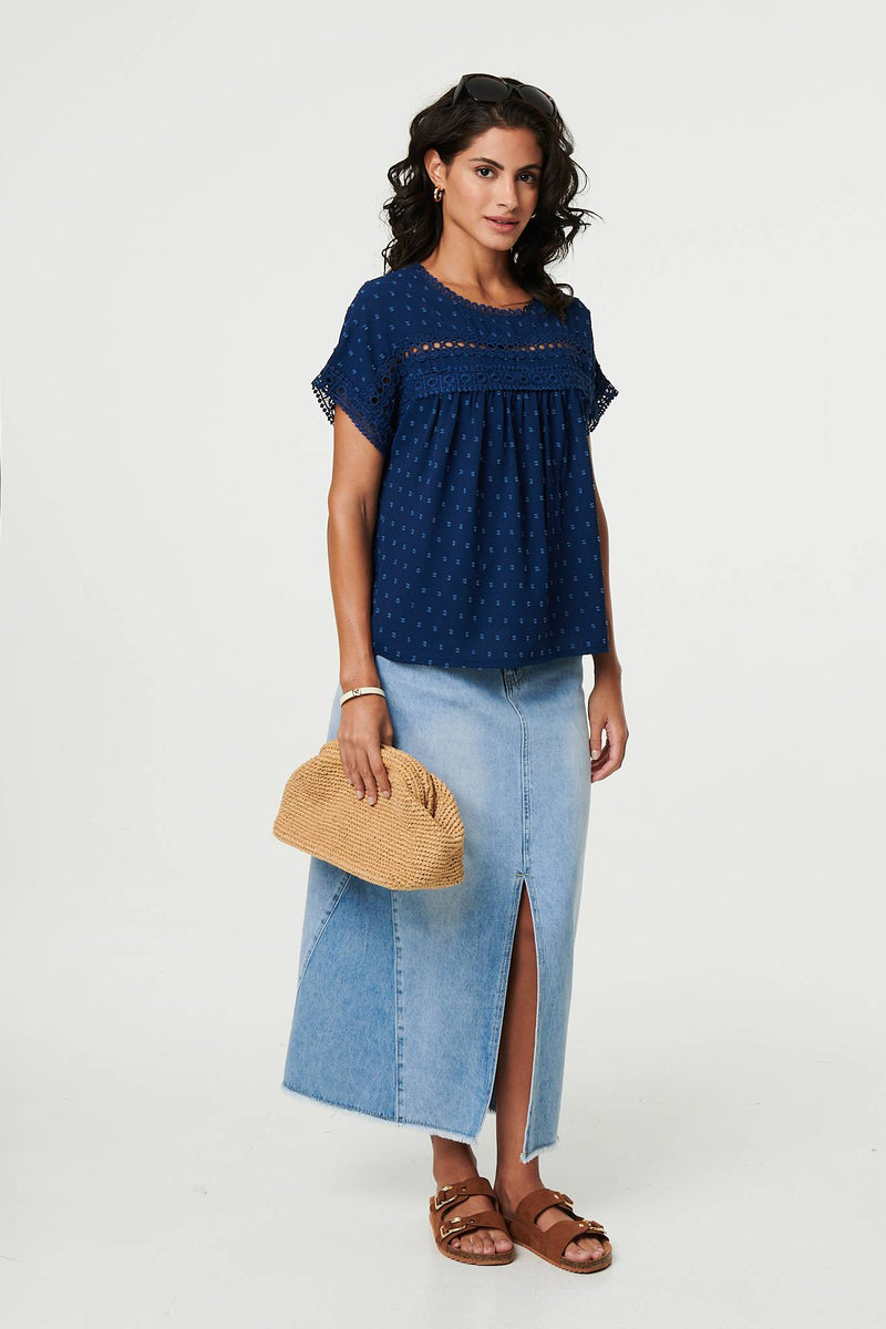 Lace Trim Short Sleeve Button Back Blouse