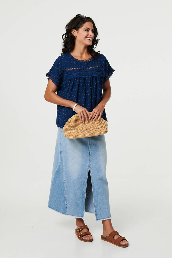 Lace Trim Short Sleeve Button Back Blouse