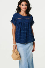 Lace Trim Short Sleeve Button Back Blouse