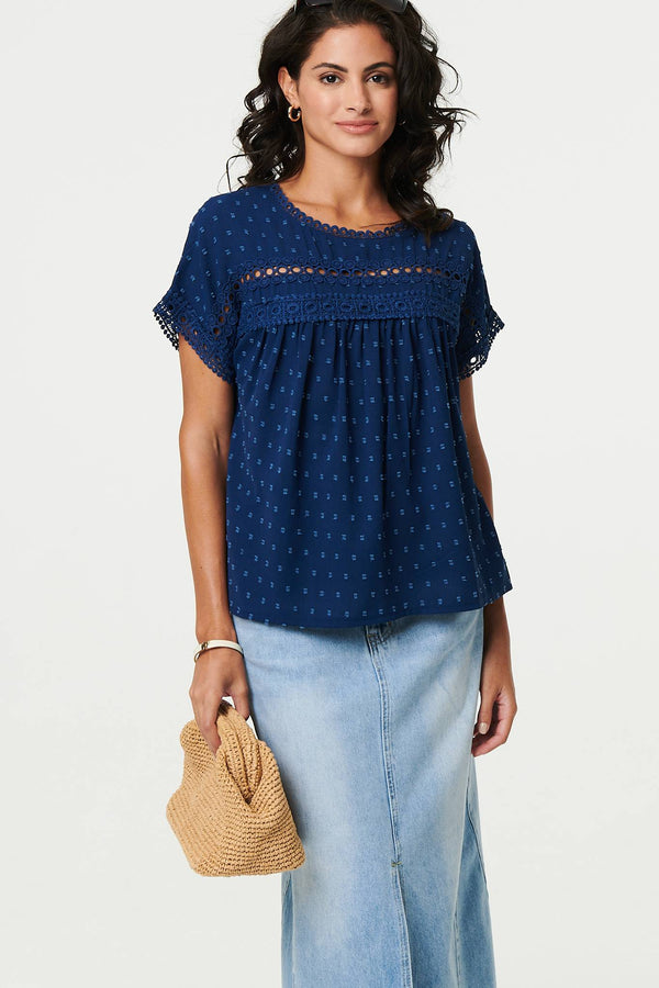 Lace Trim Short Sleeve Button Back Blouse