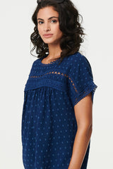 Lace Trim Short Sleeve Button Back Blouse