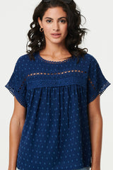 Lace Trim Short Sleeve Button Back Blouse