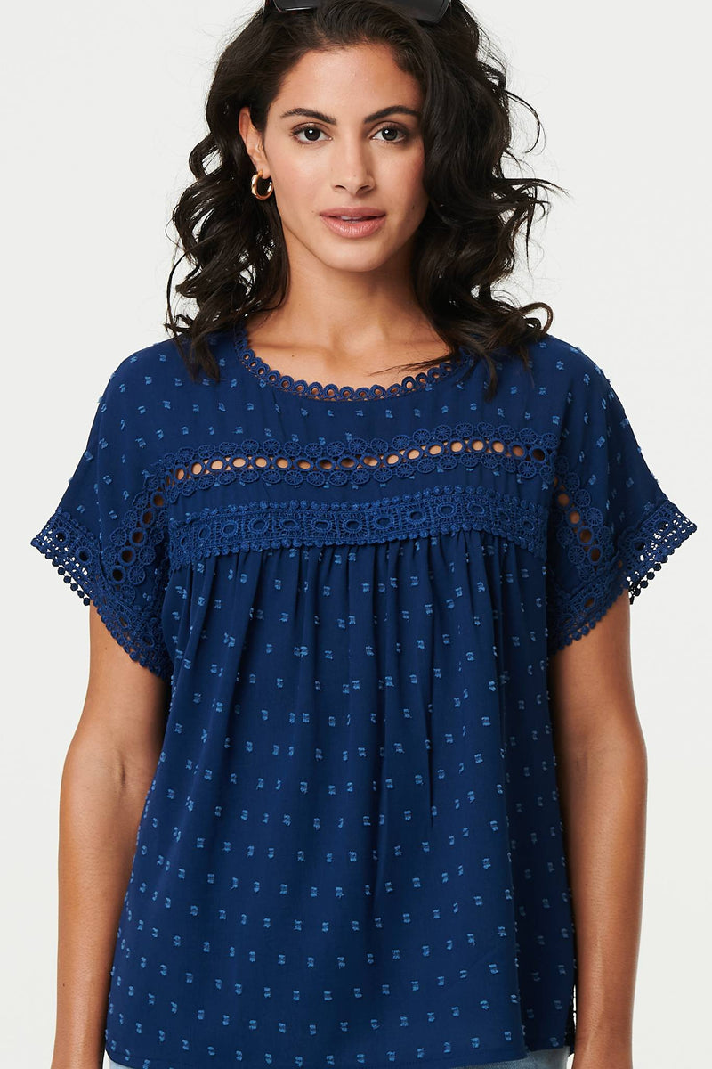 Lace Trim Short Sleeve Button Back Blouse