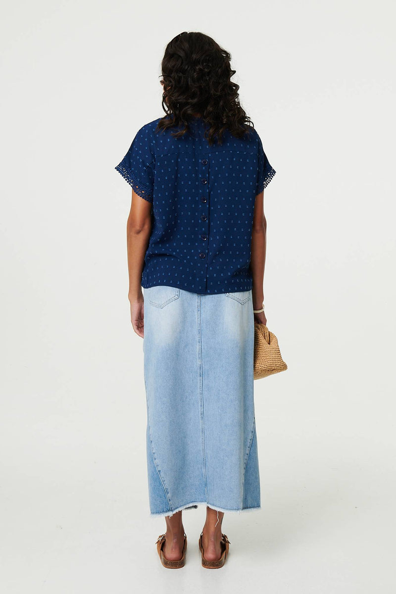 Lace Trim Short Sleeve Button Back Blouse