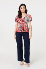 Ditsy Floral Faux Wrap V-Neck Top