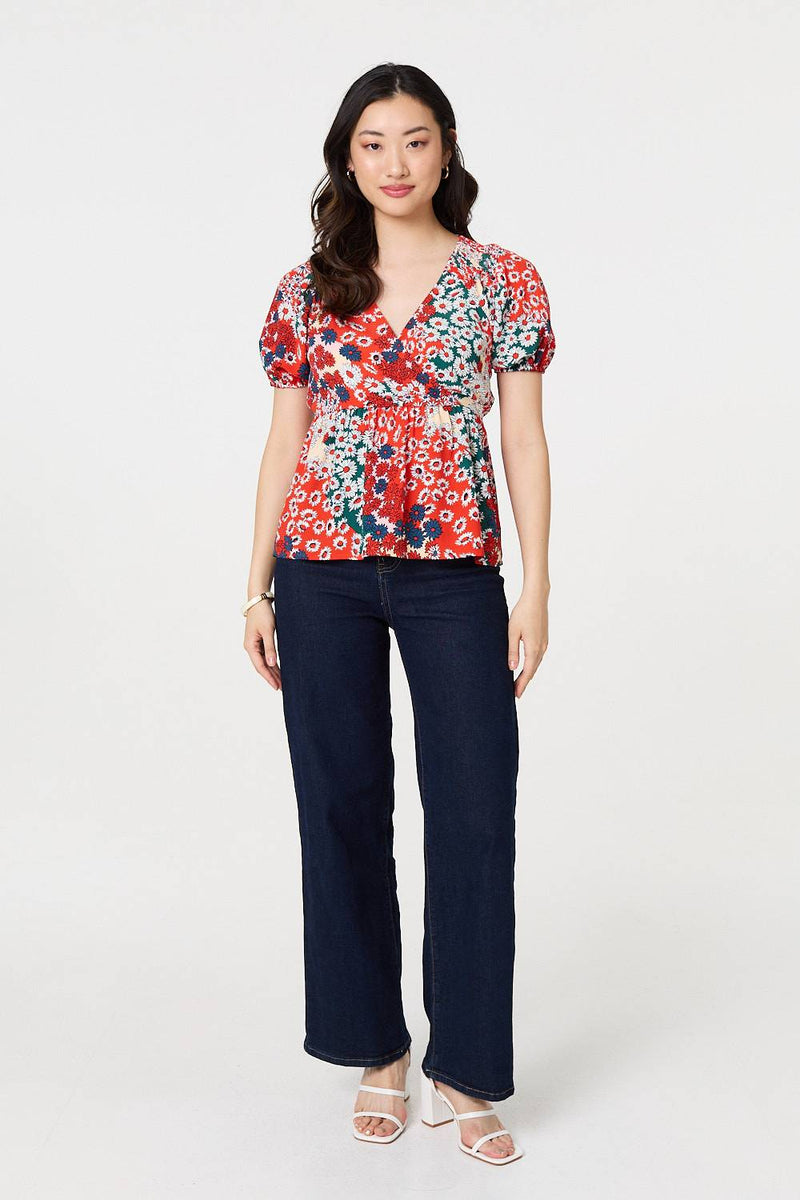 Ditsy Floral Faux Wrap V-Neck Top