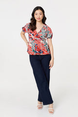 Ditsy Floral Faux Wrap V-Neck Top