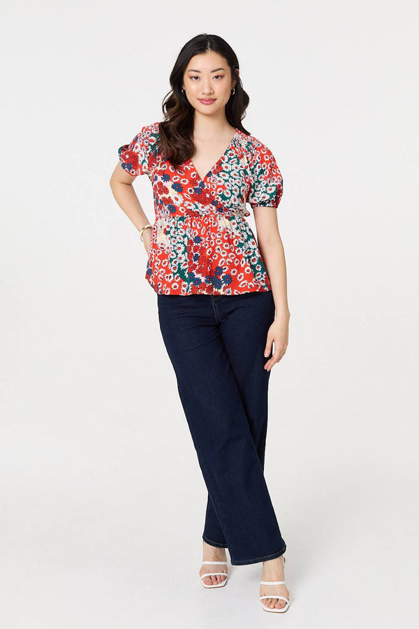 Ditsy Floral Faux Wrap V-Neck Top