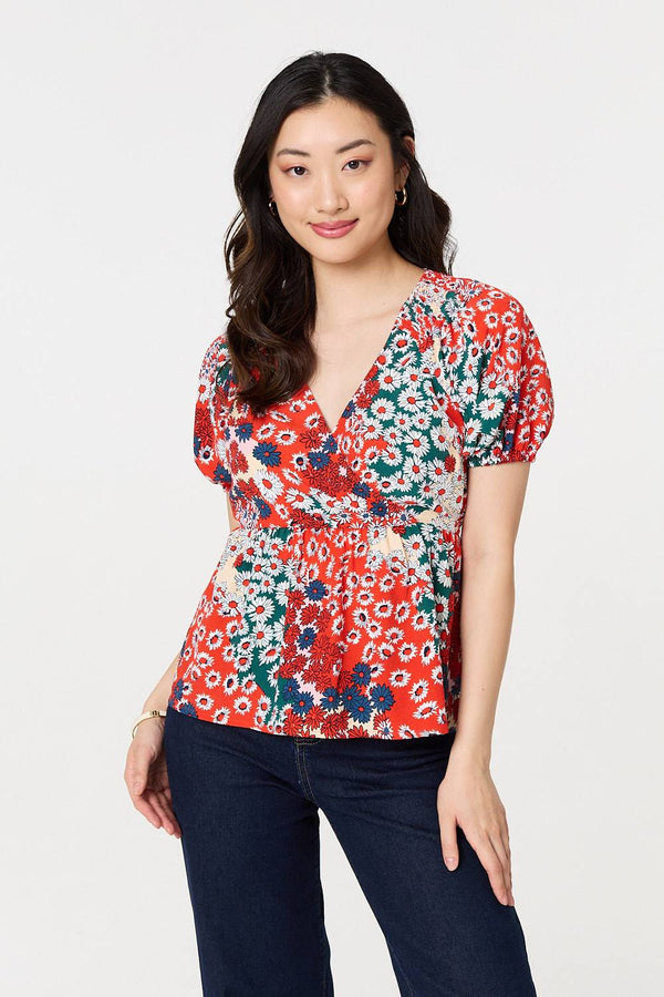 Ditsy Floral Faux Wrap V-Neck Top