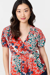 Ditsy Floral Faux Wrap V-Neck Top